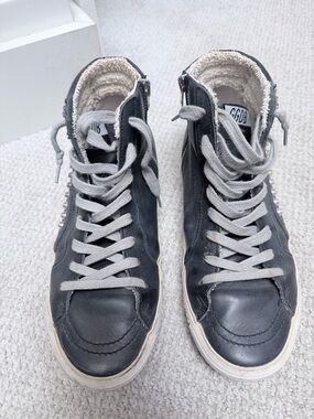 Golden Goose Black Leather High-Top Sneakers with Gray Laces